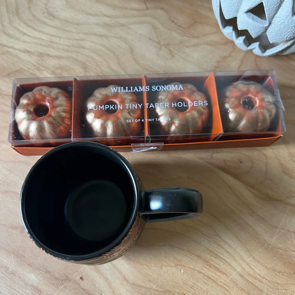 Williams Sonoma Pumpkin Tiny Taper Holders, Crofton Mug